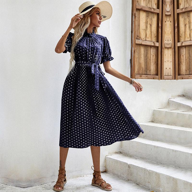 Весна-лето женское повседневное среднее плиссированное платье с короткими рукавами и круглым вырезом в горошек с завязками и принтом