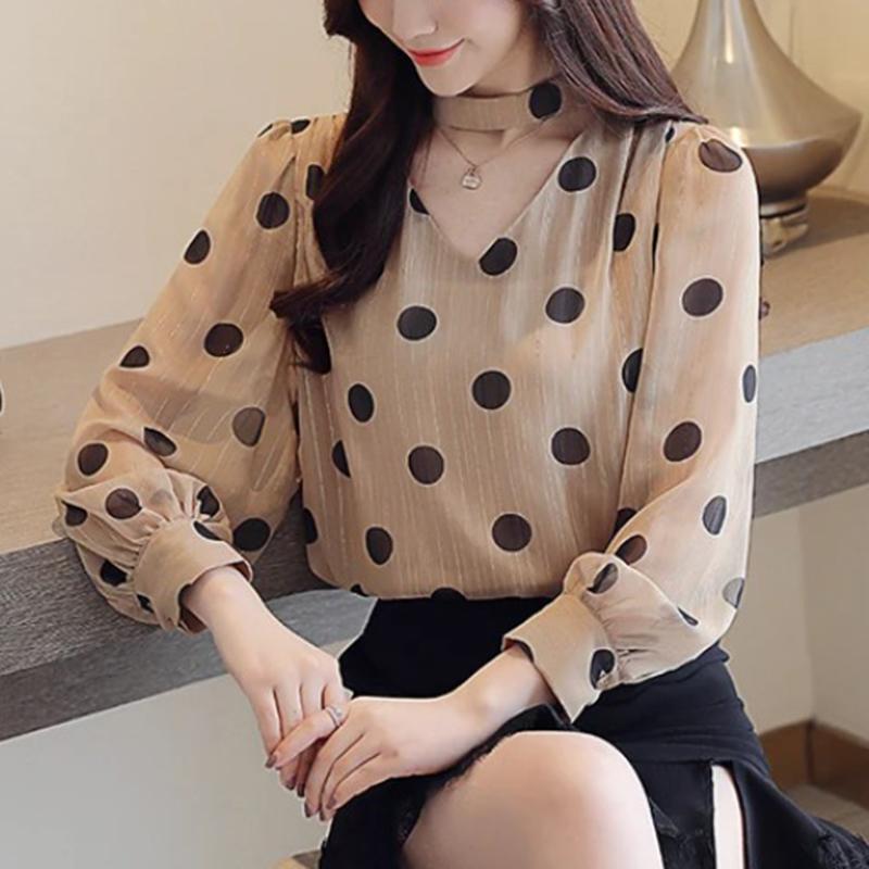 Модные свободные рубашки с длинным рукавом в горошек для женщин, облегающие элегантные свободные повседневные блузки для женщин, простые офисные топы с V-образным вырезом для женщин 1150