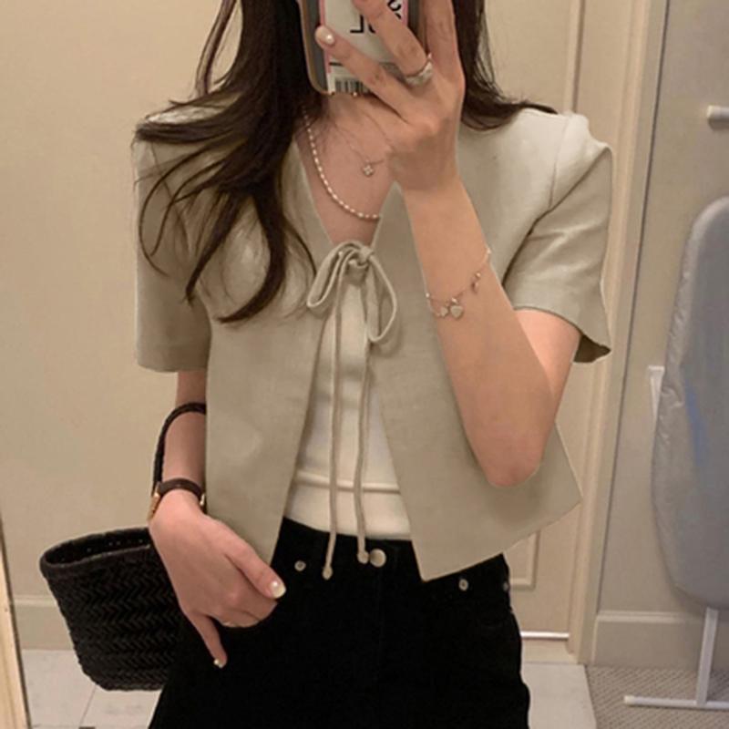 ZANZEA Женская повседневная блузка-кардиган с V-образным вырезом и коротким рукавом на шнуровке