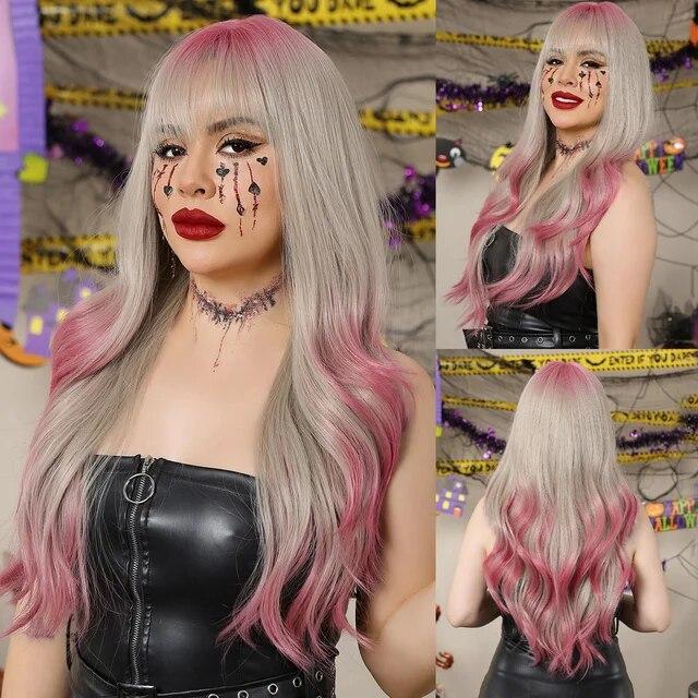 Длинные объемные волнистые синтетические парики, черный, фиолетовый, розовый, омбре, светло-персиковый розовый парик для женщин, повседневная вечеринка, косплей, термостойкий