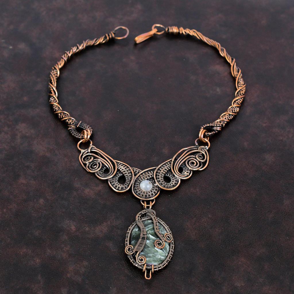 Seraphinite Necklace Copper Wire Wrapped Necklace Handmade Necklace Designer Copper Wire Jewelry Moonstone Gemstone Necklace Engagement Gift