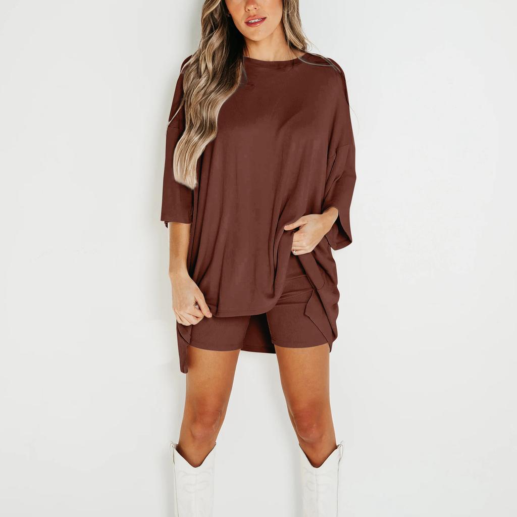 Женский летний комплект из 2 предметов с круглым вырезом и короткими рукавами, с заниженными плечами, топ для больших детей и узкие байкерские шорты для йоги, комплект