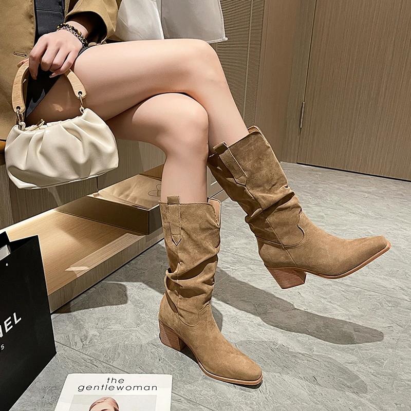 New Women's Retro Long Boots for Spring Fashion, Suede Midsole Stacking Boots, Thick Heel Square Toe Oversized Denim Boots