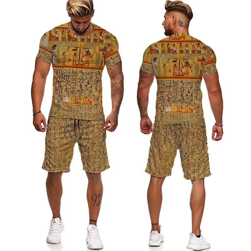 Мужская спортивная одежда из двух предметов, древнеегипетская футболка с 3D принтом, шорты фараона, уличная одежда для пар, летняя новинка