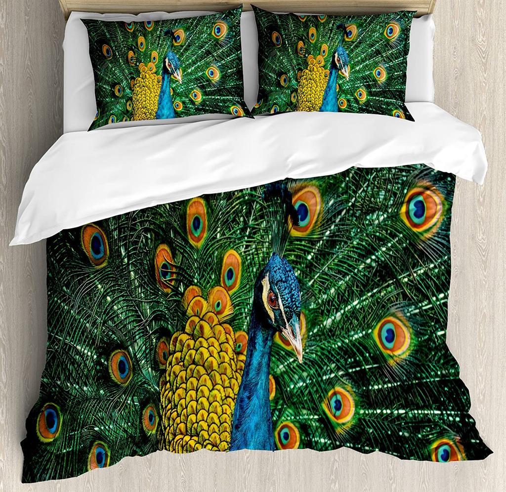 Комплект постельного белья «Павлин» Перья павлиньего хвоста Тропический Экзотический Набор из 3 предметов Пододеяльник Набор для кровати Покрывало Пододеяльник Наволочка