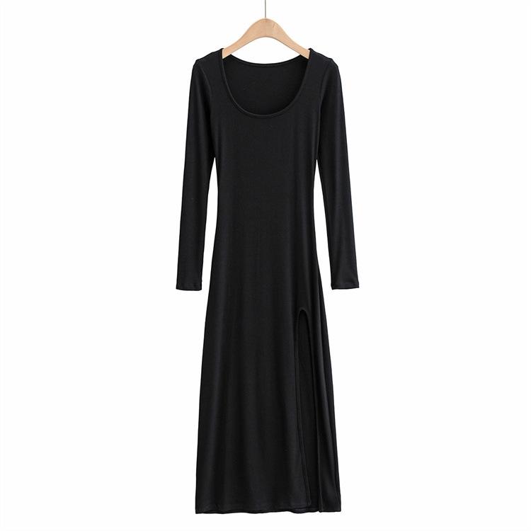 YPFF New Autumn Women's Slim Fit High Slit Long Sleeve Dress - Elegant, Sexy Solid Color Skirt