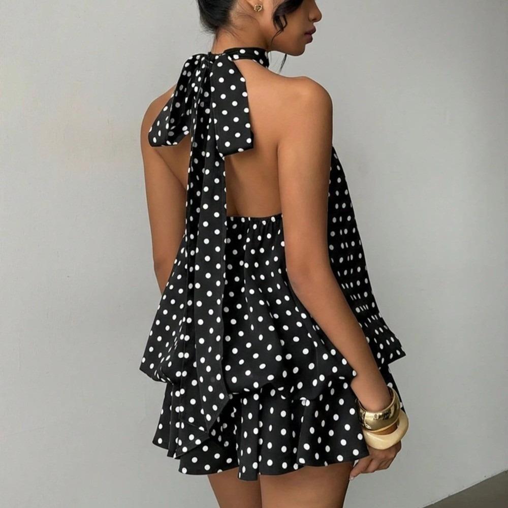 Sleeveless A Line Halter Dress Off Shoulder Chiffon Dress Elegant Polka Dot Dress Holiday