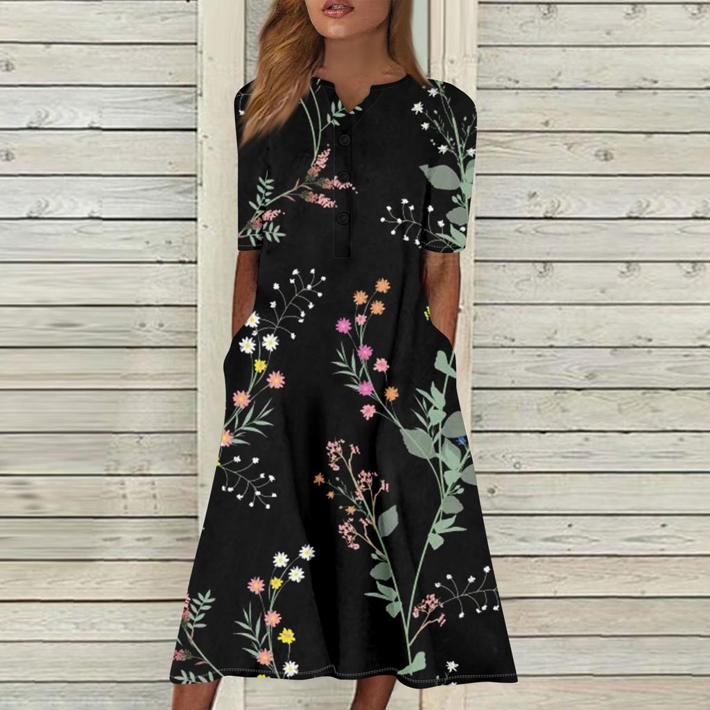Women's Summer Casual Printed V-Neck Short-Sleeve Swing Dress