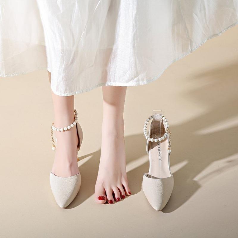 Летние туфли-лодочки, босоножки женские с жемчугом, Мэри Джейн, белые туфли на тонком каблуке, на высоком каблуке, универсальные, не утомляющие ноги.