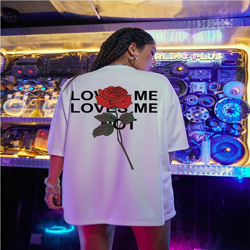 Женская футболка с буквенным принтом LOVE ME и роза, летняя свободная одежда большого размера, дышащие футболки в стиле хип-хоп из 100% хлопка с короткими рукавами