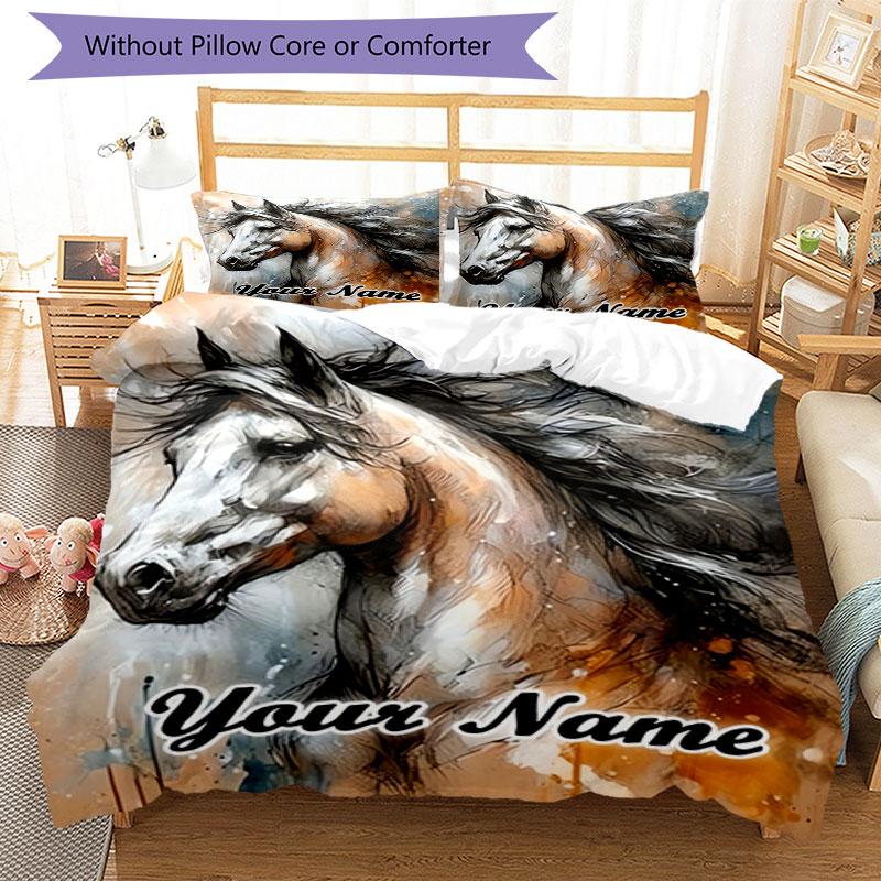3PC Custom Name Equestrian Artistry Bedding Set Duvet Cover Closure Includes 1 Duvet Cover & 2 Pillowcases for Bedroom