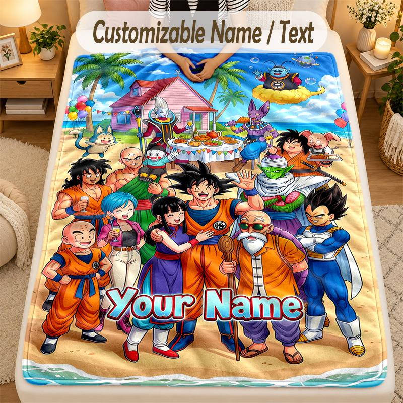 Flannel BlanketDragon Ball Custom Name Text Personalized Soft Warm Throw Blanket Home Decor Gift