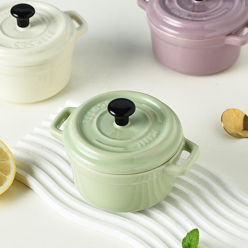 Двойная керамическая миска для варки яиц на пару с крышкой для домашнего декора, десертная миска для детского питания, однотонный декоративный мини-поднос INS