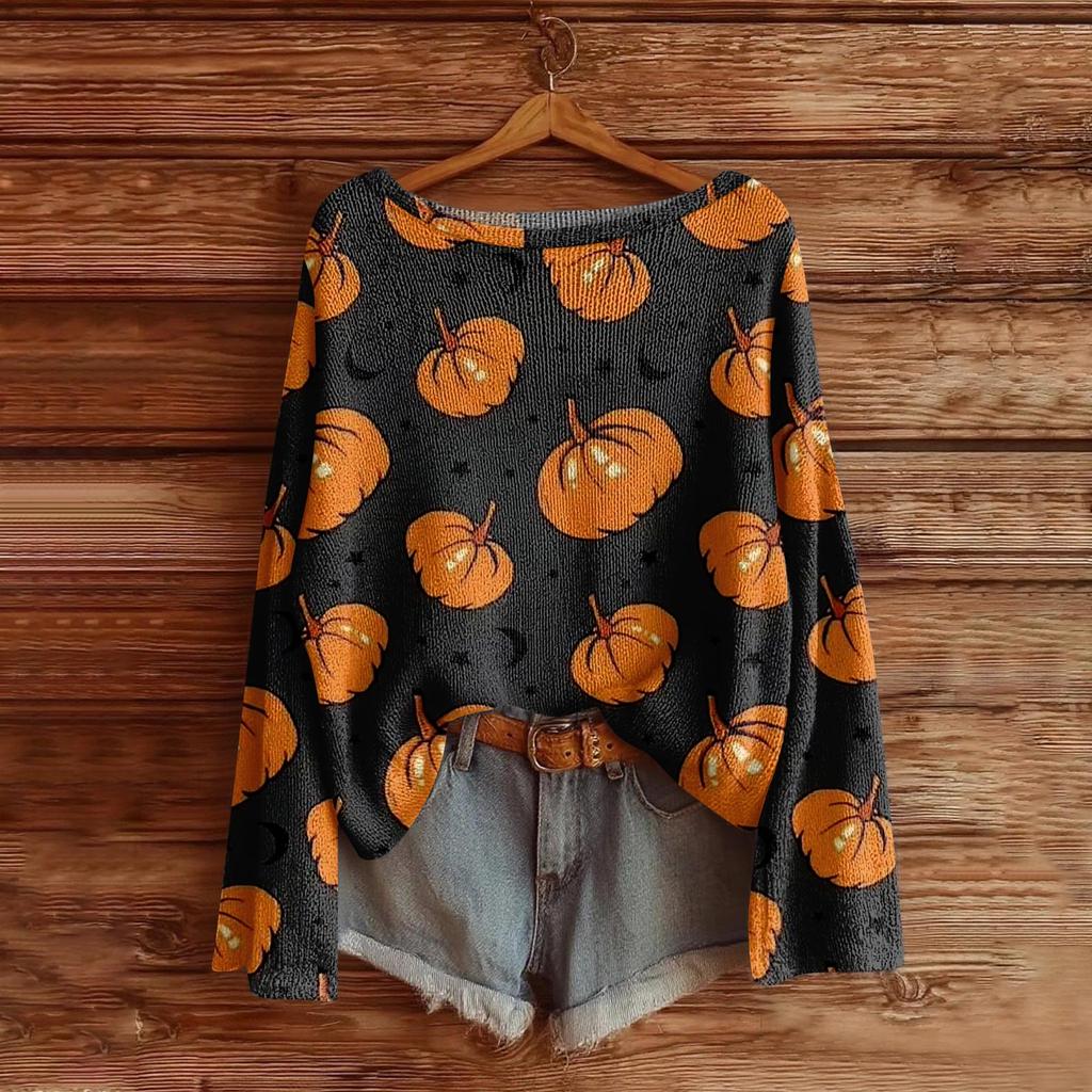 Women's Halloween Sweater, Bohemian Vintage Pattern Print Long Sleeve Knit Pullover