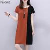 ZANZEA Женское повседневное свободное платье контрастного цвета с коротким рукавом и круглым вырезом