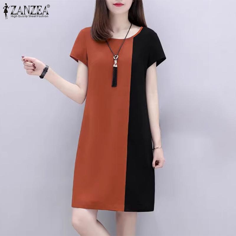 ZANZEA Женское повседневное свободное платье контрастного цвета с коротким рукавом и круглым вырезом
