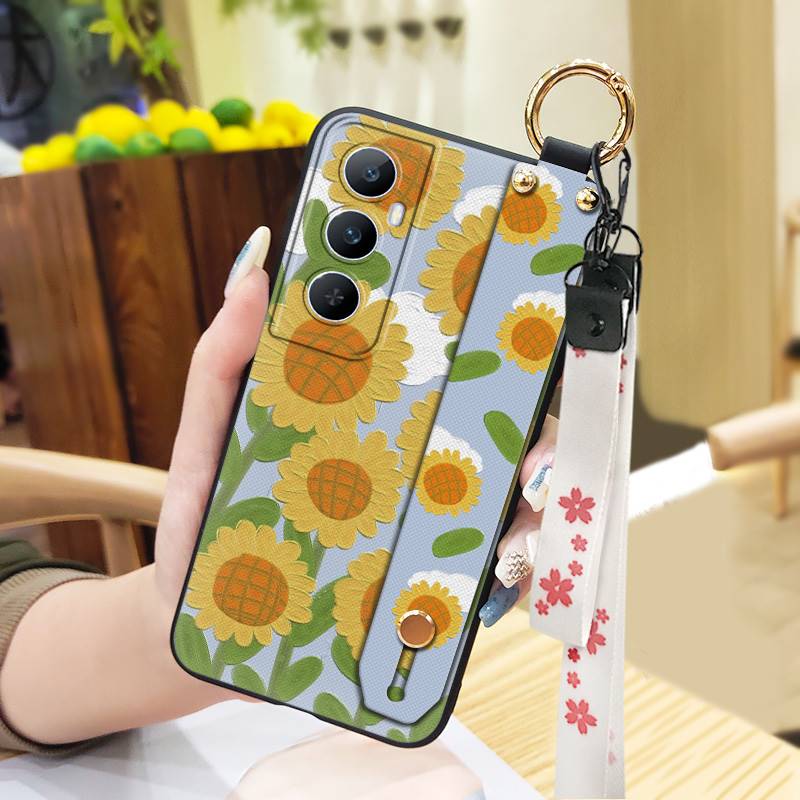 Phone Holder Durable Phone Case For Realme C65 Oil Painting Anti-dust Flower Silicone Shockproof Wristband Waterproof
