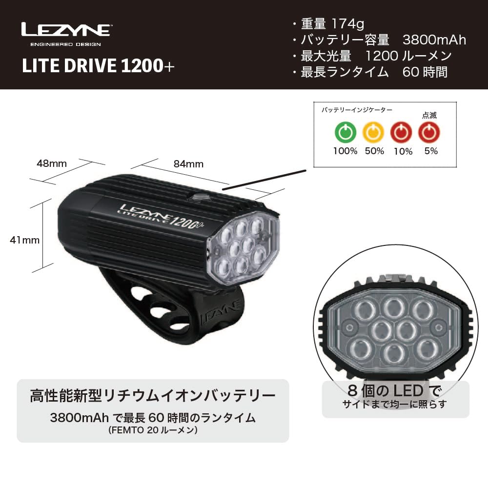 LEZYNE Велосипедный передний фонарь Light Drive 1200 люменов Satin Black LITE DRIVE USB C зарядка IPX7 Водонепроницаемость 1200+ []