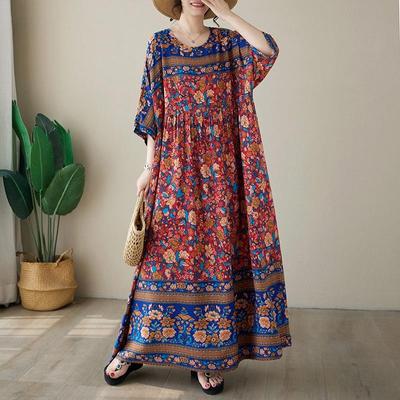 Новое хлопковое атласное платье с коротким рукавом больших размеров для женщин, повседневное свободное длинное летнее платье с цветочным принтом
