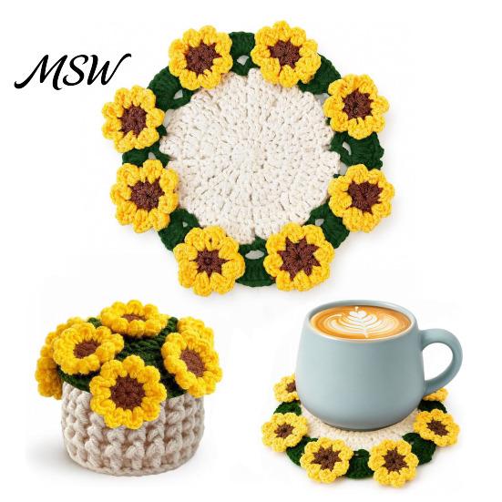 Handmade Cotton Drink Mats Crochet Flower Bouquet Coaster, Knit Rose Mug Mat Transforms Into Bouquet, 2-in-1 Soft Yarn Rugs Coaster Table Mat,