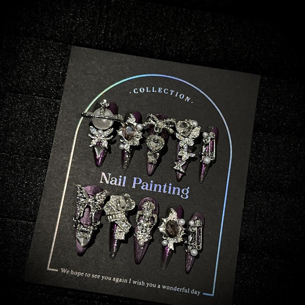 Роскошные накладные ногти ручной работы, длинные, миндалевидной формы, с французским кончиком, блестящие, искусственные ногти, дизайн с 3D стразами, акриловые ногти, многоразовые наклейки для женщин