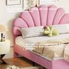 Upholstered Double Bed 140 x 200 cm, Frame with Flower-Shaped Headboard and Slatted Frame, Adult-Youth in Skin-Friendly Velvet Fabric, Guest Bed Pink