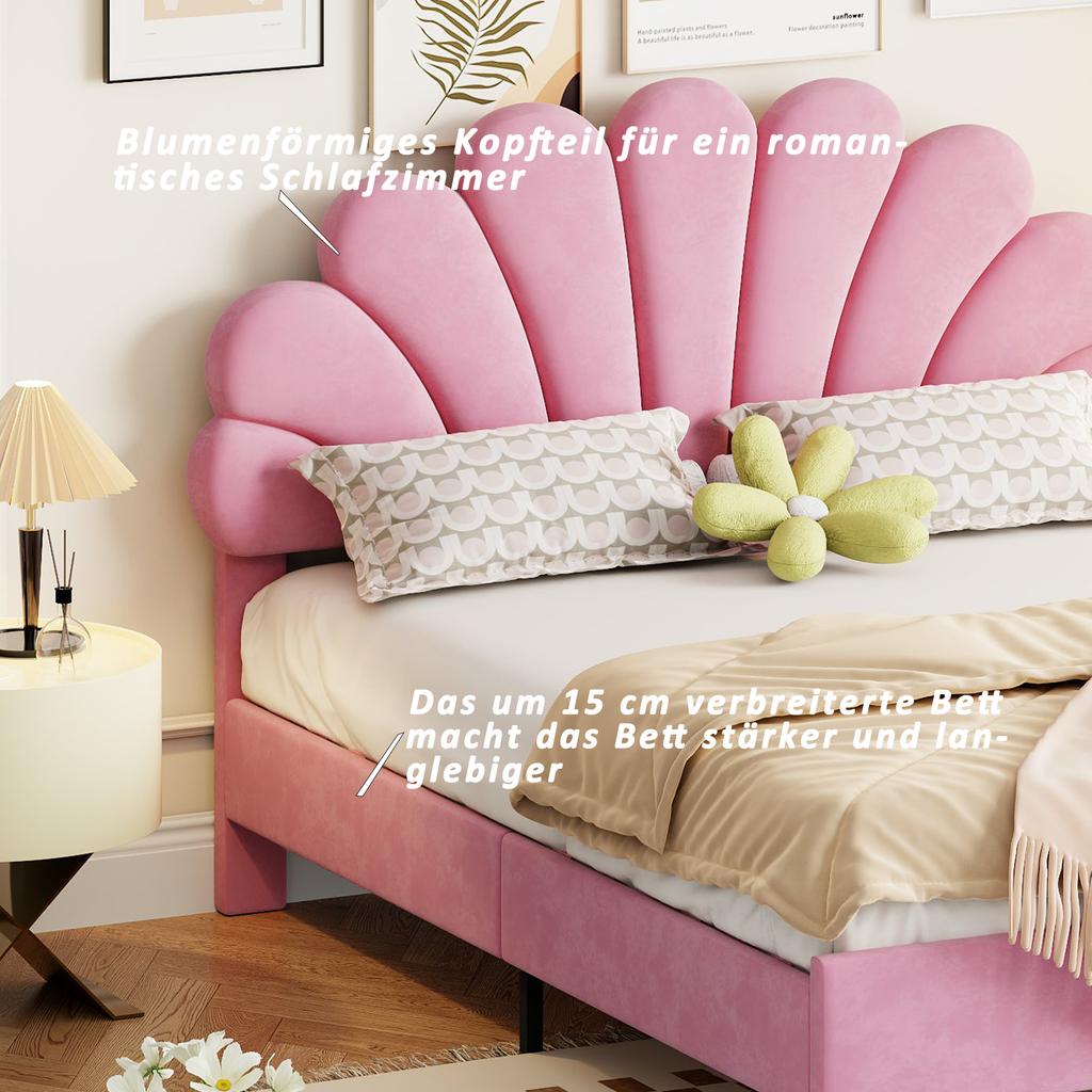 Upholstered Double Bed 140 x 200 cm, Frame with Flower-Shaped Headboard and Slatted Frame, Adult-Youth in Skin-Friendly Velvet Fabric, Guest Bed Pink