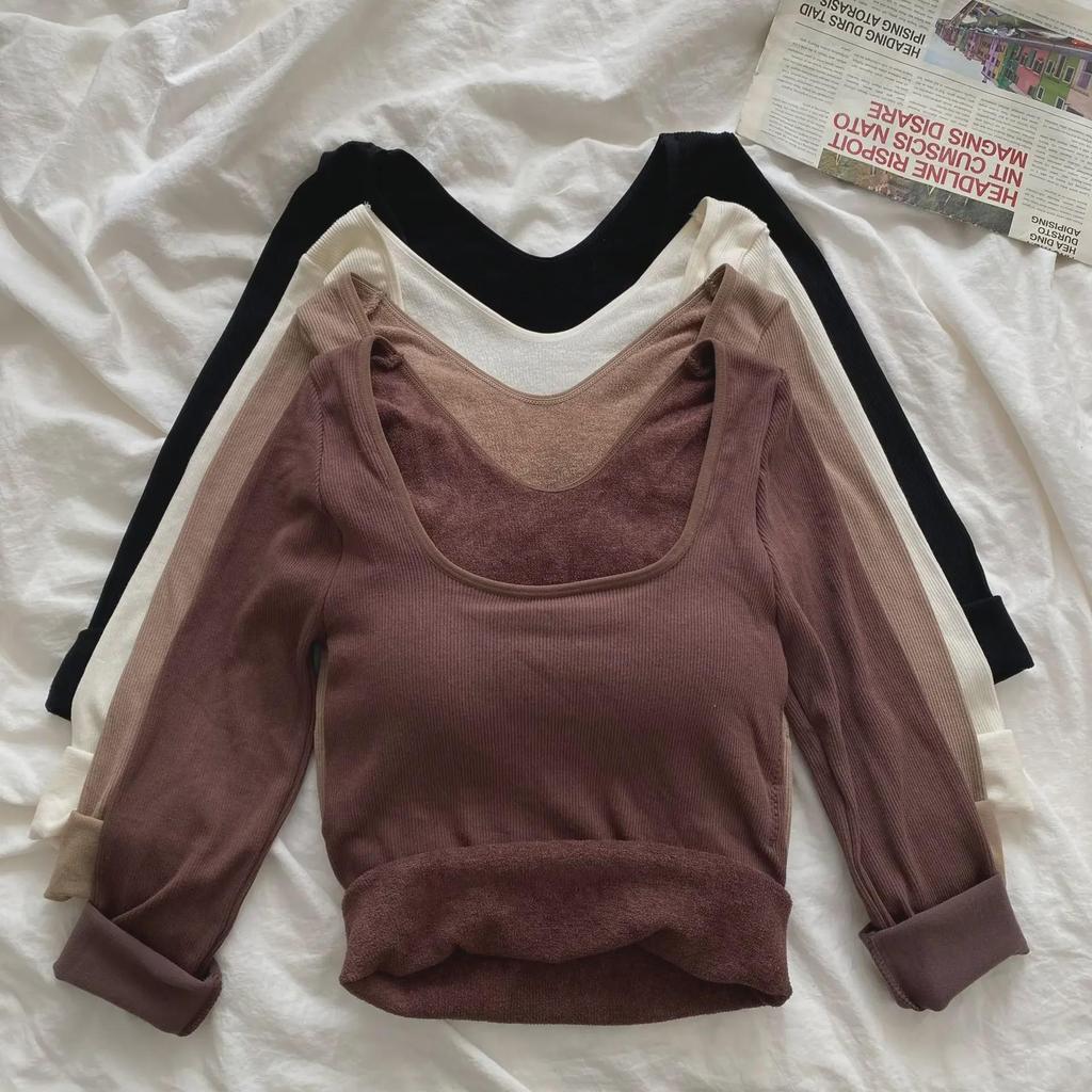 Женский облегающий топ из бархата с начесом и U-образным вырезом, длинными рукавами, для осени и зимы