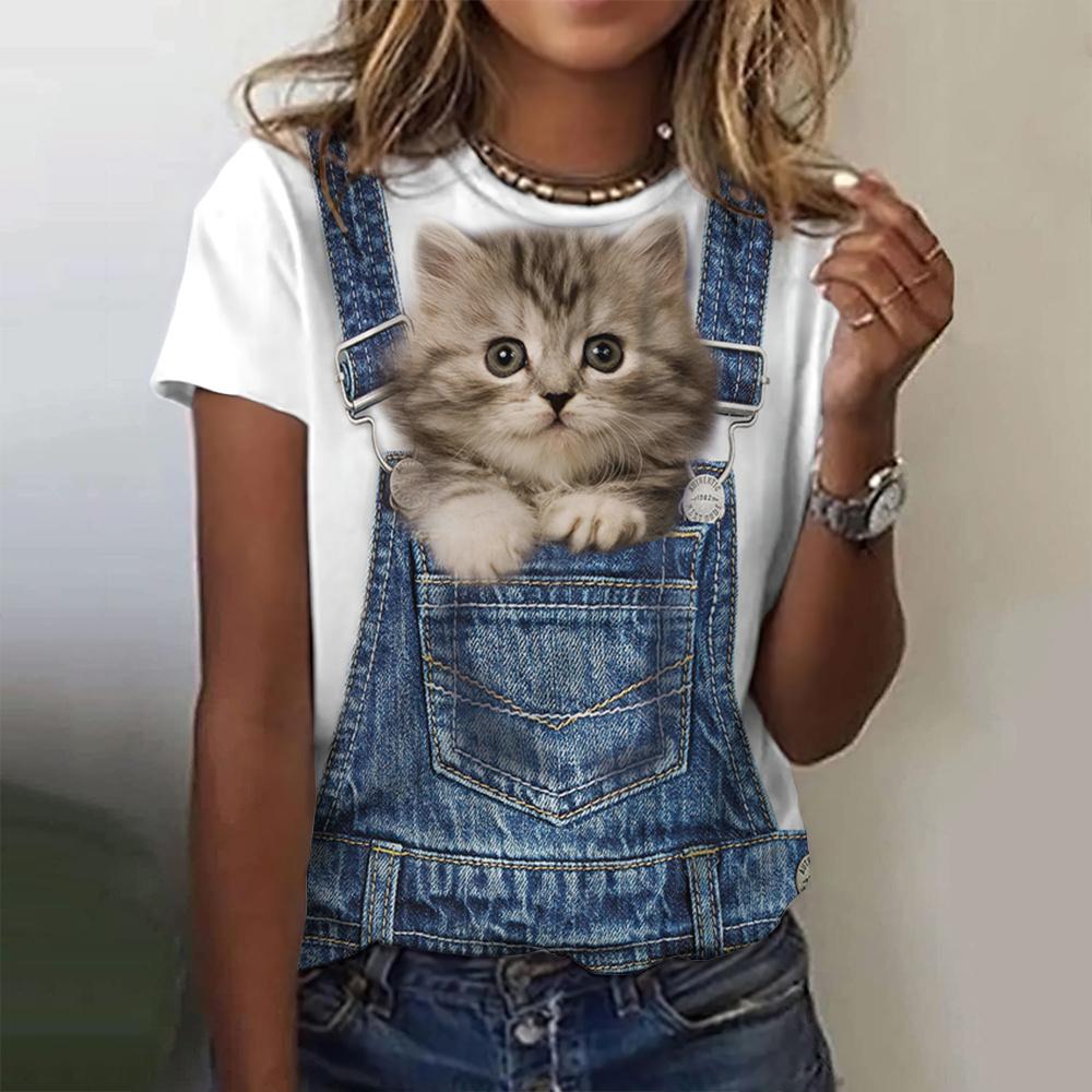 Women's 3d Cute Cat Pattern Printed T-shirt Summer Fashion Popular Clothing Casual Daily Wear