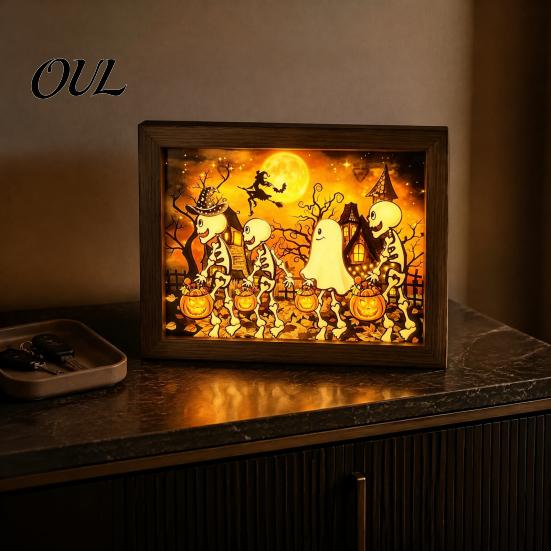 Indoor Festive Atmosphere Decor Ghost Photo Frame Lamp, Halloween Lighted Shadow Box, Haunted House Theme Gothic Skeleton Table Centerpiece