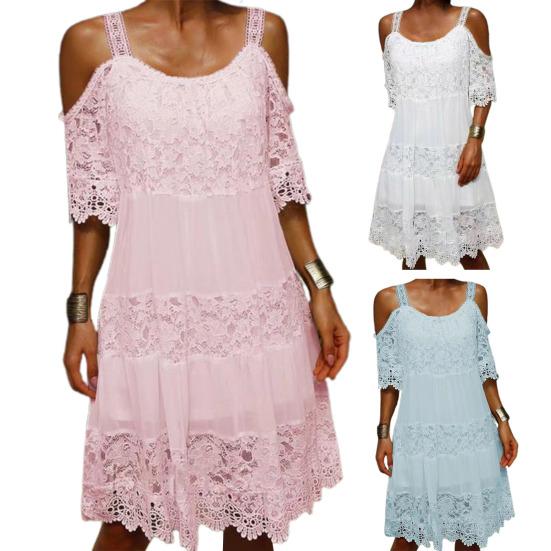 Sling Cold Shoulder Half Sleeve Summer Dress Crochet Embroidery Lace Stitching Mini Dress Female Clothing