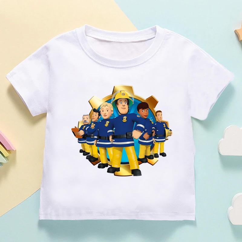 Fireman Sam Print Cartoon Cute Kids T shirt Girls Summer Tops Casual Baby Boys Clothes Children Short Sleeve O-Neck