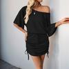 New Casual Dating Party Simple Versatile Pleated Bat Sleeve Solid Color Dress