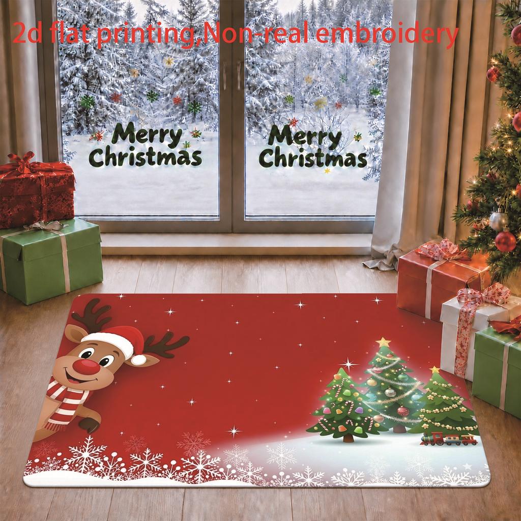 1pc, 2D Flat Printing, Christmas Red Nose Reindeer Christmas Tree Holiday Printed Doormat | Non-Slip And Machine Washable Polyester | Suitable for Ent