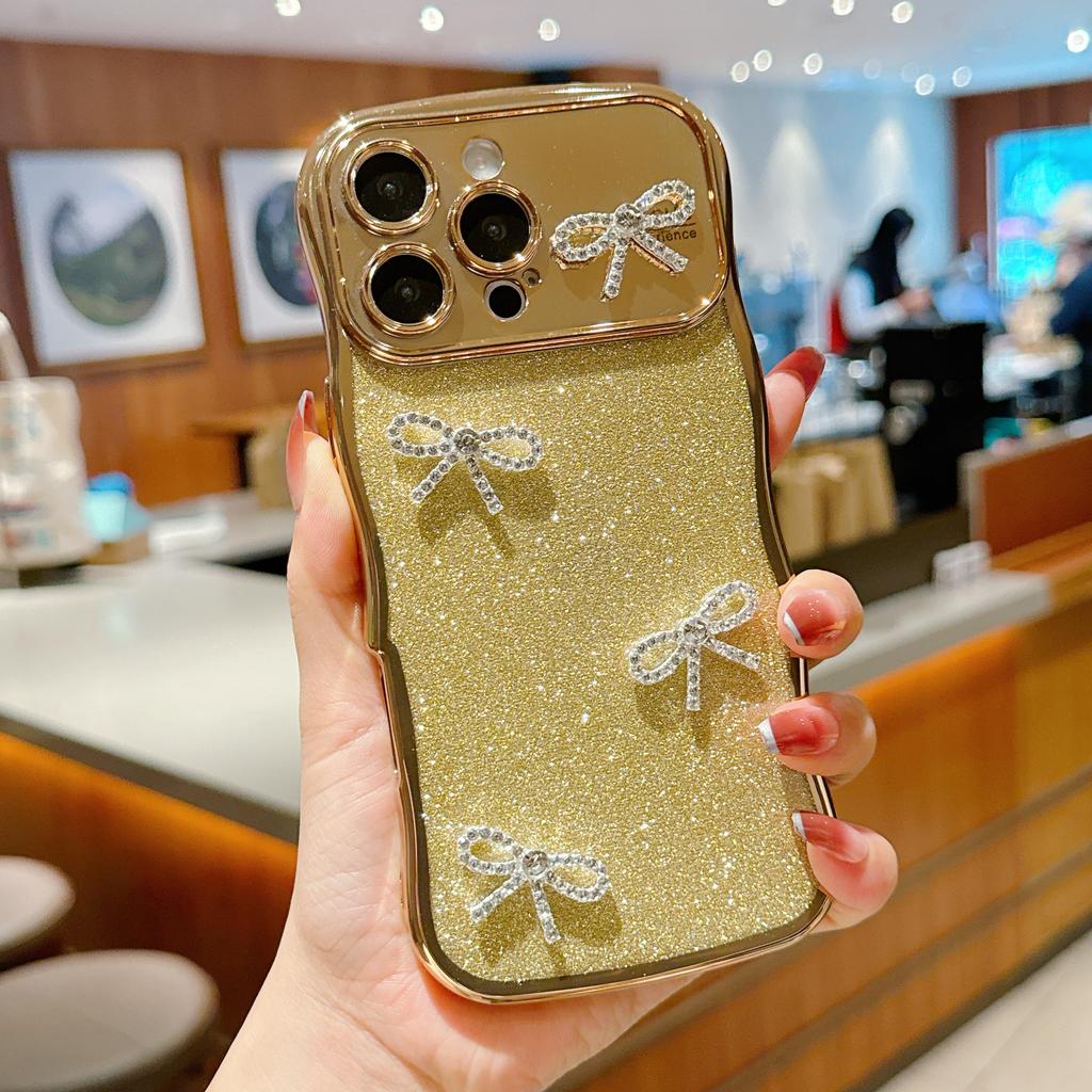 For iPhone 16 Pro Case Electroplated Wavy Frame Glitter TPU Phone Cover with Rhinestone Bow Decor