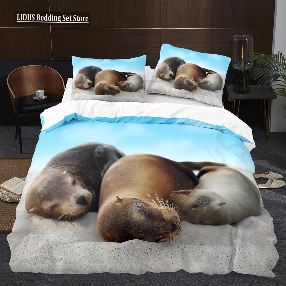 Пододеяльник Морской лев размера кинг/квин, милый комплект постельного белья с морскими животными для детей, мальчиков, девочек, синий, море, пляж, полиэстер, чехол для одеяла