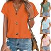 Ladies Summer Short Sleeve V Neck Button Solid Color Jacquard Pullover Hollow T Shirt Top