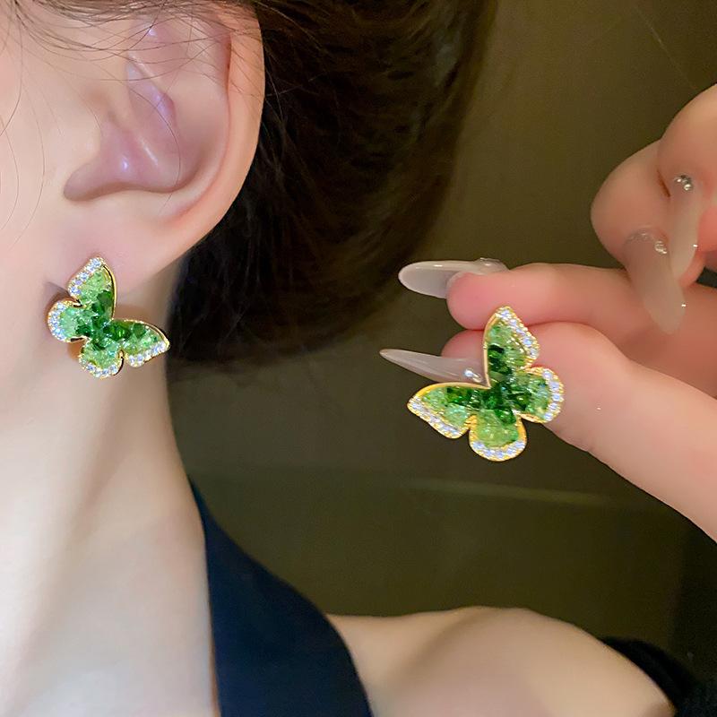 111 silver needle green crystal butterfly stud earrings, small fragrant wind sweet temperament earrings niche high-end earrings
