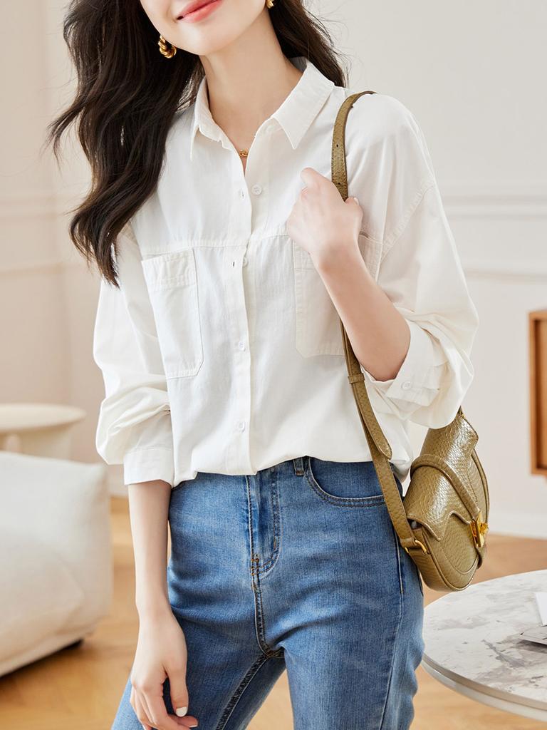 Cotton Womens Long Sleeve Shirt With Button Closure For Office Wear