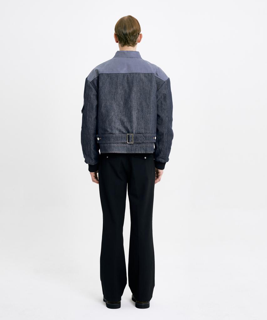 WUNDER GEIST Non-Faded Denim Pleated Faux Leather Suede Contrast Jacket