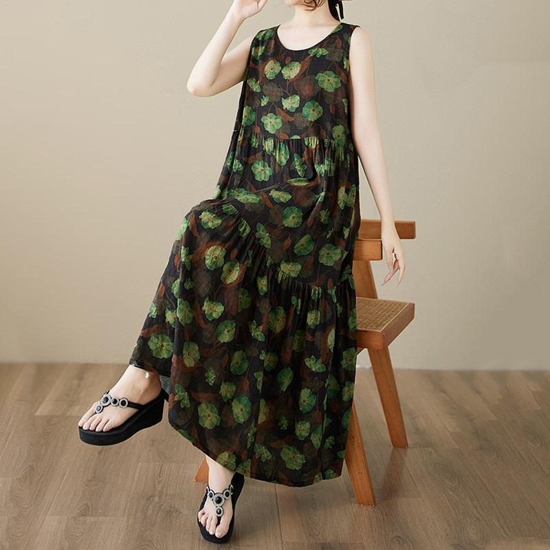 Без рукавов Плюс размер винтажные цветочные новые платья для женщин повседневное свободное длинное летнее платье