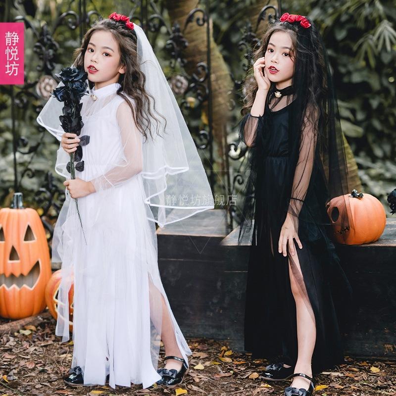 Halloween costumes, children's clothing, girls' clothing, dark and evil devil bride long dress, vampire witch costume