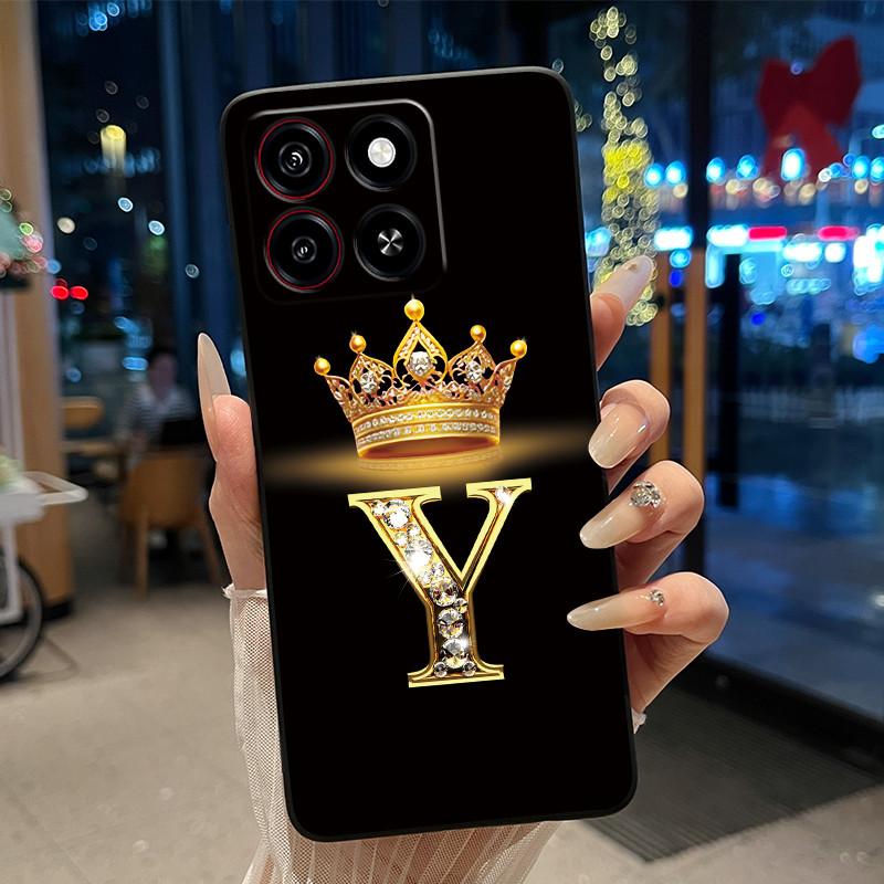 Cool Lucky A-Z Letter Phone Case For ZTE Blade A35/A55 Soft Silicone Black Case Shockproof Luxurious Glitter Crown Shell