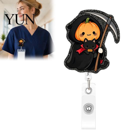 Cute Halloween Badge Retractable Reel, Pumpkin And Grim Reaper Design, Acrylic Teacher Reel Smooth Pull Cord Clip for Nurse Doctor ID Card Holiday