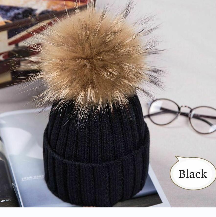 2023Hot Women Winter Racoon Fur Pom Pom 15cm Ball Knit Beanie Ski Cap Bobble Hat