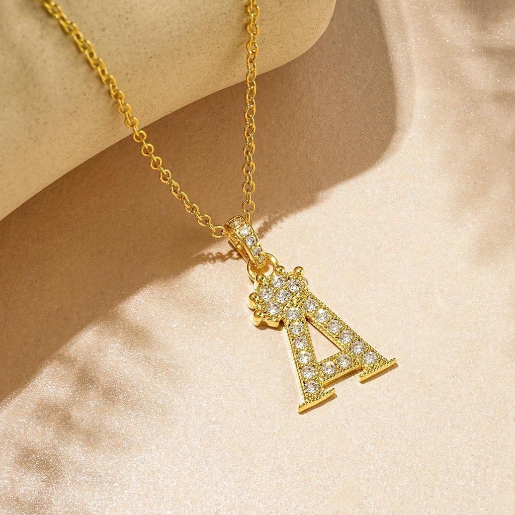 Gold-Plated Zircon Crown Letter Pendant Necklace - Women's Versatile Choker