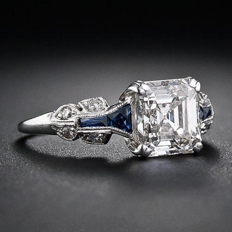 Irregular Trapezoidal Square Diamond Topaz Sapphire Ring, European and American 925 Silver-plated Ring.