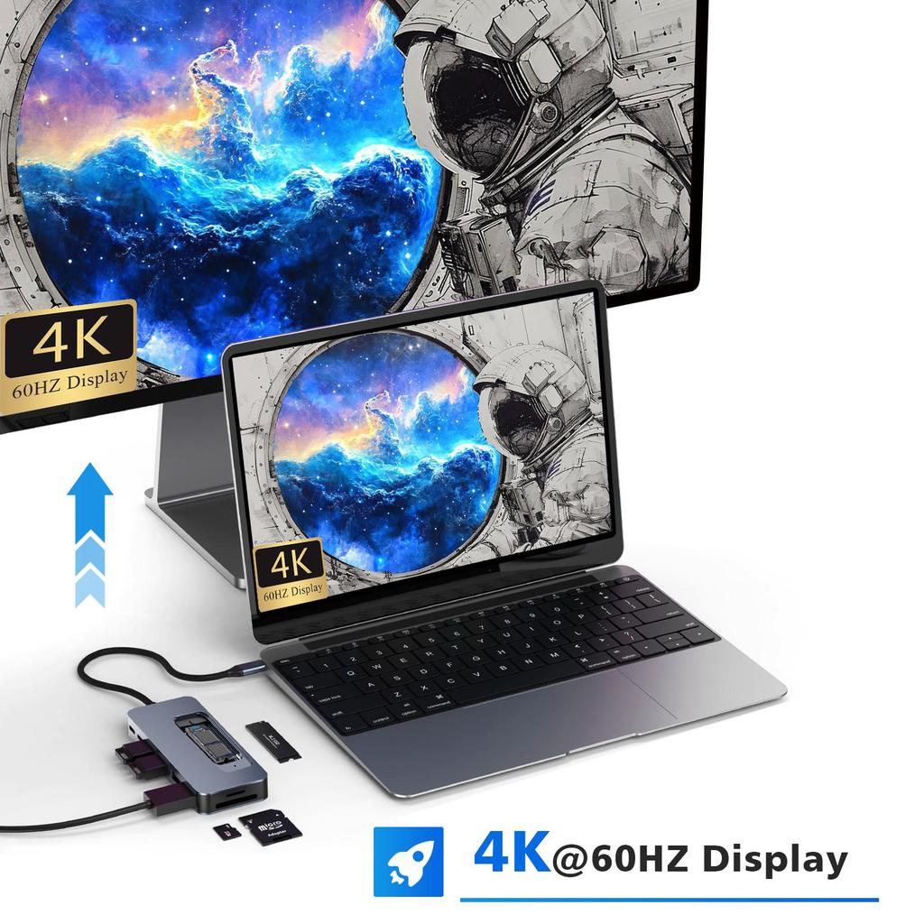 USB-C хаб с корпусом для M.2 SSD, док-станция USB C 9-в-1, подходит для M.2 NVMe SSD, 10 Гбит/с, HDMI 4K@60 Гц, 100 Вт PD, кардридер SD/TF