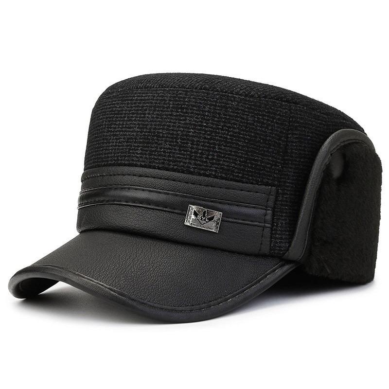 Зимняя новая мужская шляпа с плоским верхом, кожаная шляпа, уличная ветрозащитная, дедушкина бархатная утолщенная шапка с защитой ушей, теплая шапка