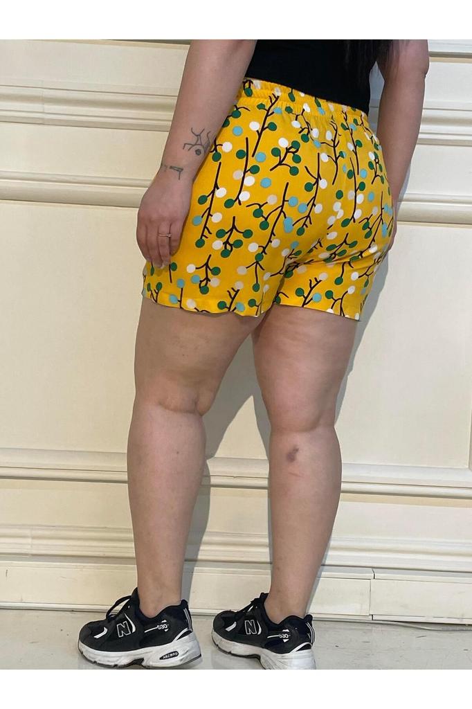Women's Fashion Big Size Shorts & Bermudas Plus Size Yellow Cherry Patterned Shorts with Double Side Pockets